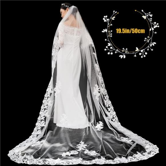 Wedding Veil and Tiara, 1 Tier Lace Cathedral Wedding Veil with Comb 118\